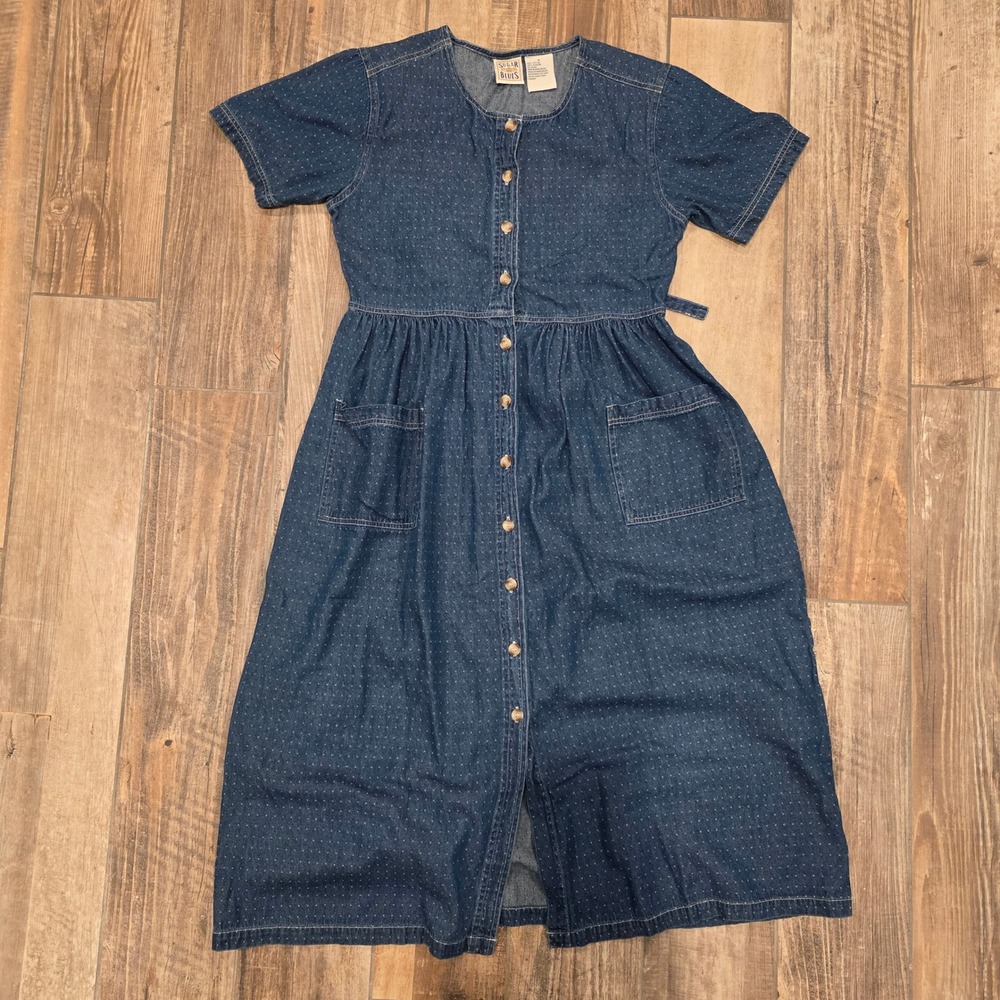 Sugar Blues Blue Denim Polka Dot Maxi Dress Button Up Short Sleeve Small